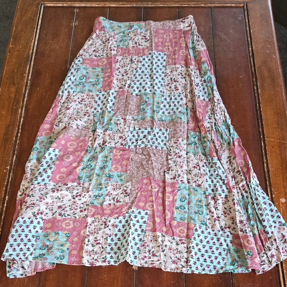 AEMI & CO Patchwork Floral Maxi Skirt in Pink and Aqua